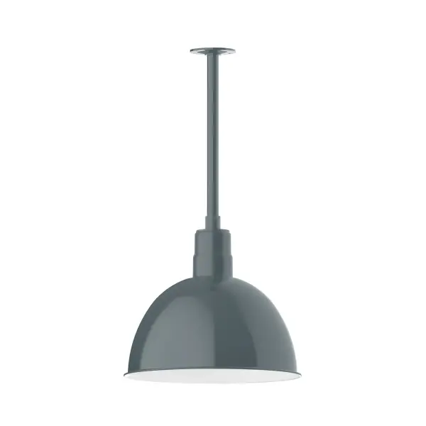 Stem hung pendants are UL wet rated for outdoor use. Choose from multiple vertical stem lengths to suit your application. Outdoor hanging pendant lights work well on a porch, in a garage or workshop. A secure mount for commercial as well as residential exterior locations. Our Deep Bowl shade, the ultimate domed reflector, is classic in shape and offers great light output. Collection: Deep Bowl Finish: Slate Gray Glass: 16 inch Deep Bowl Notes: Option (1) A19 LED and 3-Integrated 8W, 10W, 15W Width: 16.00" Height: 25.00" Length: 16.00" Weight: 8.00 lb Canopy: 4.125" diameter Number of Bulbs: 1 Maximum Wattage: 100.00 W Bulb Type: A19 Bulb Base: E26 Medium Light Source: Incandescent or LED equivalent Dimmable Voltage: 120.00 V Country of Origin: US Safety Listing: UL/cUL Safety Rating: Wet Dark Sky LED Manufacturer Warranty: 1-year limited warranty on the fixture.