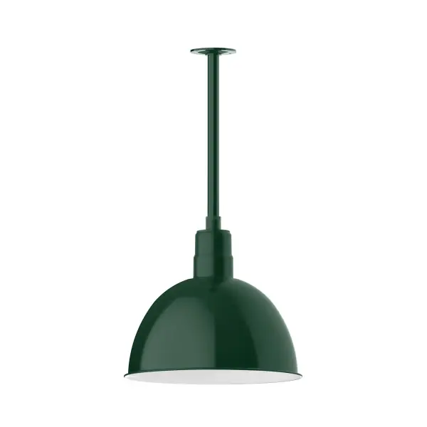 Stem hung pendants are UL wet rated for outdoor use. Choose from multiple vertical stem lengths to suit your application. Outdoor hanging pendant lights work well on a porch, in a garage or workshop. A secure mount for commercial as well as residential exterior locations. Our Deep Bowl shade, the ultimate domed reflector, is classic in shape and offers great light output. Collection: Deep Bowl Finish: Forest Green Glass: 16 inch Deep Bowl Notes: Option (1) A19 LED and 3-Integrated 8W, 10W, 15W Width: 16.00" Height: 37.00" Length: 16.00" Weight: 8.00 lb Canopy: 4.125" diameter Number of Bulbs: 1 Maximum Wattage: 100.00 W Bulb Type: A19 Bulb Base: E26 Medium Light Source: Incandescent or LED equivalent Dimmable Voltage: 120.00 V Country of Origin: US Safety Listing: UL/cUL Safety Rating: Wet Dark Sky LED Manufacturer Warranty: 1-year limited warranty on the fixture.
