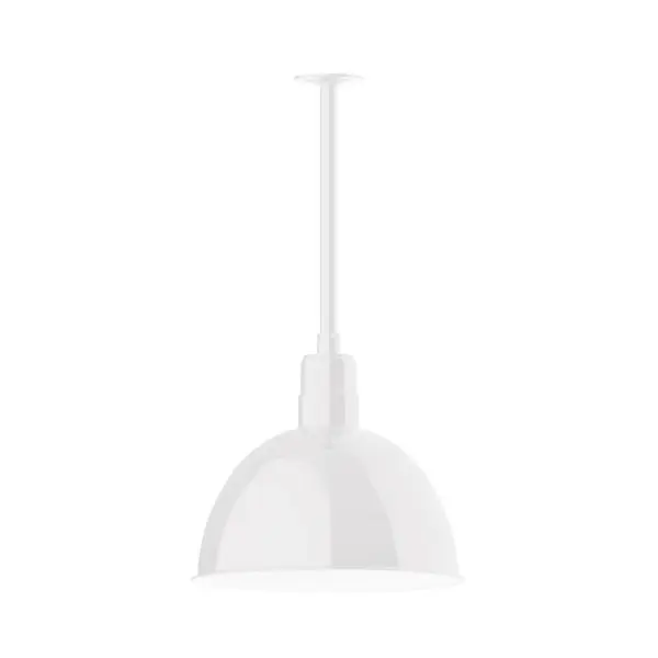 Stem hung pendants are UL wet rated for outdoor use. Choose from multiple vertical stem lengths to suit your application. Outdoor hanging pendant lights work well on a porch, in a garage or workshop. A secure mount for commercial as well as residential exterior locations. Our Deep Bowl shade, the ultimate domed reflector, is classic in shape and offers great light output. Collection: Deep Bowl Finish: White Glass: 16 inch Deep Bowl Notes: Option (1) A19 LED and 3-Integrated 8W, 10W, 15W Width: 16.00" Height: 43.00" Length: 16.00" Weight: 8.00 lb Canopy: 4.125" diameter Number of Bulbs: 1 Maximum Wattage: 100.00 W Bulb Type: A19 Bulb Base: E26 Medium Light Source: Incandescent or LED equivalent Dimmable Voltage: 120.00 V Country of Origin: US Safety Listing: UL/cUL Safety Rating: Wet Dark Sky LED Manufacturer Warranty: 1-year limited warranty on the fixture.