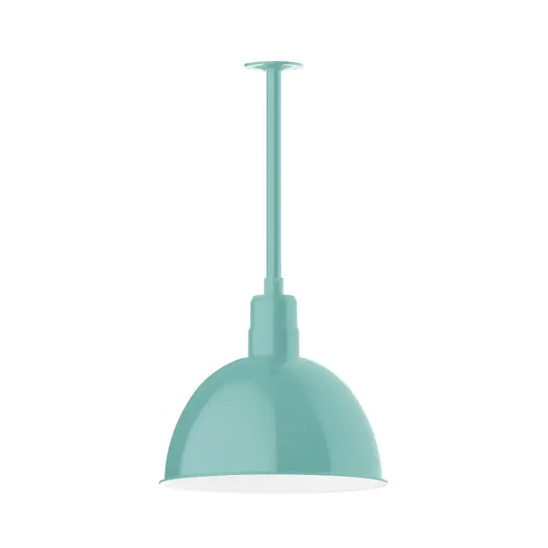 Stem hung pendants are UL wet rated for outdoor use. Choose from multiple vertical stem lengths to suit your application. Outdoor hanging pendant lights work well on a porch, in a garage or workshop. A secure mount for commercial as well as residential exterior locations. Our Deep Bowl shade, the ultimate domed reflector, is classic in shape and offers great light output. Collection: Deep Bowl Finish: Sea Green Glass: 16 inch Deep Bowl Notes: Option (1) A19 LED and 3-Integrated 8W, 10W, 15W Width: 16.00" Height: 37.00" Length: 16.00" Weight: 8.00 lb Canopy: 4.125" diameter Number of Bulbs: 1 Maximum Wattage: 100.00 W Bulb Type: A19 Bulb Base: E26 Medium Light Source: Incandescent or LED equivalent Dimmable Voltage: 120.00 V Country of Origin: US Safety Listing: UL/cUL Safety Rating: Wet Dark Sky LED Manufacturer Warranty: 1-year limited warranty on the fixture.