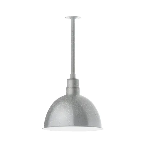 Stem hung pendants are UL wet rated for outdoor use. Choose from multiple vertical stem lengths to suit your application. Outdoor hanging pendant lights work well on a porch, in a garage or workshop. A secure mount for commercial as well as residential exterior locations. Our Deep Bowl shade, the ultimate domed reflector, is classic in shape and offers great light output. Collection: Deep Bowl Finish: Painted Galvanized Glass: 16 inch Deep Bowl Notes: Option (1) A19 LED and 3-Integrated 8W, 10W, 15W Width: 16.00" Height: 49.00" Length: 16.00" Weight: 8.00 lb Canopy: 4.125" diameter Number of Bulbs: 1 Maximum Wattage: 100.00 W Bulb Type: A19 Bulb Base: E26 Medium Light Source: Incandescent or LED equivalent Dimmable Voltage: 120.00 V Country of Origin: US Safety Listing: UL/cUL Safety Rating: Wet Dark Sky LED Manufacturer Warranty: 1-year limited warranty on the fixture.