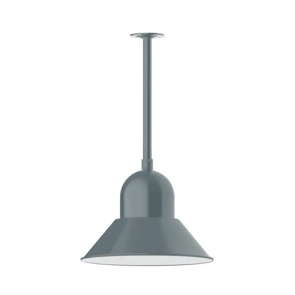 Stem hung pendants are UL wet rated for outdoor use. Choose from multiple vertical stem lengths to suit your application. Outdoor hanging pendant lights work well on a porch, in a garage or workshop. A secure mount for commercial as well as residential exterior locations. Our Prima shade is elegant and clean-lined, inspiring illumination of your beautiful view. Collection: Prima Finish: Slate Gray Glass: 16 inch Prima Notes: Option (1) A19 LED and 3-Integrated 8W, 10W, 15W Width: 16.00" Height: 24.00" Length: 16.00" Weight: 8.00 lb Canopy: 4.125" diameter Number of Bulbs: 1 Maximum Wattage: 100.00 W Bulb Type: A19 Bulb Base: E26 Medium Light Source: Incandescent or LED equivalent Dimmable Voltage: 120.00 V Country of Origin: US Safety Listing: UL/cUL Safety Rating: Wet Dark Sky LED Manufacturer Warranty: 1-year limited warranty on the fixture.