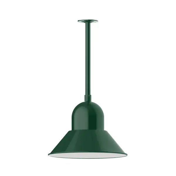 Stem hung pendants are UL wet rated for outdoor use. Choose from multiple vertical stem lengths to suit your application. Outdoor hanging pendant lights work well on a porch, in a garage or workshop. A secure mount for commercial as well as residential exterior locations. Our Prima shade is elegant and clean-lined, inspiring illumination of your beautiful view. Collection: Prima Finish: Forest Green Glass: 16 inch Prima Notes: Option (1) A19 LED and 3-Integrated 8W, 10W, 15W Width: 16.00" Height: 36.00" Length: 16.00" Weight: 8.00 lb Canopy: 4.125" diameter Number of Bulbs: 1 Maximum Wattage: 100.00 W Bulb Type: A19 Bulb Base: E26 Medium Light Source: Incandescent or LED equivalent Dimmable Voltage: 120.00 V Country of Origin: US Safety Listing: UL/cUL Safety Rating: Wet Dark Sky LED Manufacturer Warranty: 1-year limited warranty on the fixture.