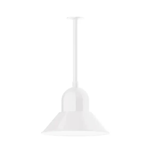 Stem hung pendants are UL wet rated for outdoor use. Choose from multiple vertical stem lengths to suit your application. Outdoor hanging pendant lights work well on a porch, in a garage or workshop. A secure mount for commercial as well as residential exterior locations. Our Prima shade is elegant and clean-lined, inspiring illumination of your beautiful view. Collection: Prima Finish: White Glass: 16 inch Prima Notes: Option (1) A19 LED and 3-Integrated 8W, 10W, 15W Width: 16.00" Height: 36.00" Length: 16.00" Weight: 8.00 lb Canopy: 4.125" diameter Number of Bulbs: 1 Maximum Wattage: 100.00 W Bulb Type: A19 Bulb Base: E26 Medium Light Source: Incandescent or LED equivalent Dimmable Voltage: 120.00 V Country of Origin: US Safety Listing: UL/cUL Safety Rating: Wet Dark Sky LED Manufacturer Warranty: 1-year limited warranty on the fixture.