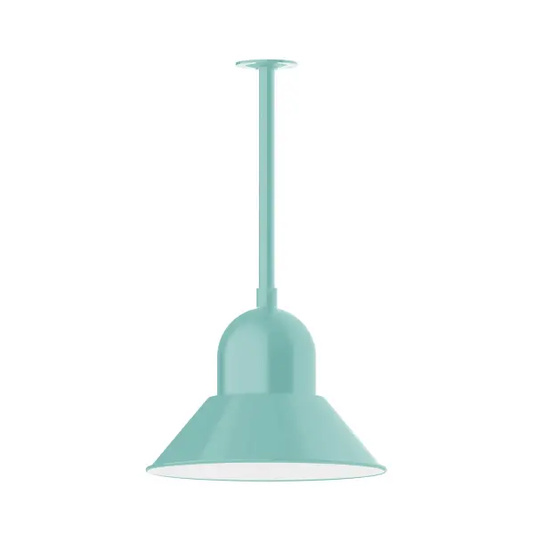Stem hung pendants are UL wet rated for outdoor use. Choose from multiple vertical stem lengths to suit your application. Outdoor hanging pendant lights work well on a porch, in a garage or workshop. A secure mount for commercial as well as residential exterior locations. Our Prima shade is elegant and clean-lined, inspiring illumination of your beautiful view. Collection: Prima Finish: Sea Green Glass: 16 inch Prima Notes: Option (1) A19 LED and 3-Integrated 8W, 10W, 15W Width: 16.00" Height: 48.00" Length: 16.00" Weight: 8.00 lb Canopy: 4.125" diameter Number of Bulbs: 1 Maximum Wattage: 100.00 W Bulb Type: A19 Bulb Base: E26 Medium Light Source: Incandescent or LED equivalent Dimmable Voltage: 120.00 V Country of Origin: US Safety Listing: UL/cUL Safety Rating: Wet Dark Sky LED Manufacturer Warranty: 1-year limited warranty on the fixture.