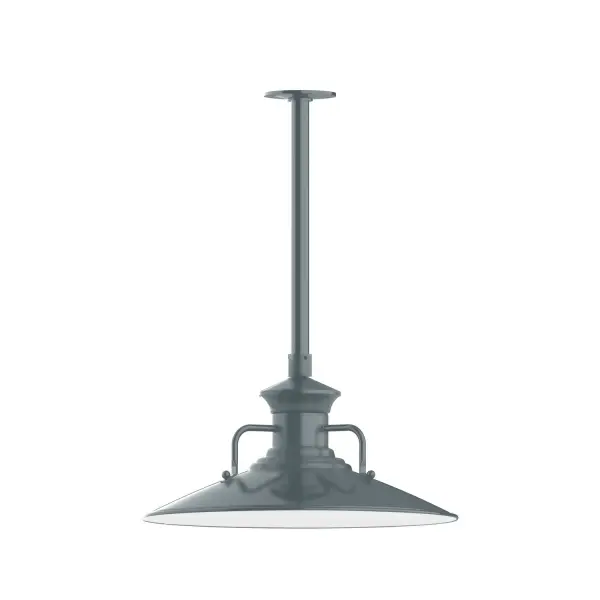 Stem hung pendants are UL wet rated for outdoor use. Choose from multiple vertical stem lengths to suit your application. Outdoor hanging pendant lights work well on a porch, in a garage or workshop. A secure mount for commercial as well as residential exterior locations. The Homestead shade with its cap and handles, has farmhouse flair, at home over a kitchen table or a wide front porch. Collection: Homestead Finish: Slate Gray Glass: 18 inch Homestead Notes: Option (1) A19 LED and 3-Integrated 8W, 10W, 15W Width: 18.13" Height: 20.75" Length: 18.13" Weight: 8.00 lb Canopy: 4.125" diameter Number of Bulbs: 1 Maximum Wattage: 100.00 W Bulb Type: A19 Bulb Base: E26 Medium Light Source: Incandescent or LED equivalent Dimmable Voltage: 120.00 V Country of Origin: US Safety Listing: UL/cUL Safety Rating: Wet Dark Sky LED Manufacturer Warranty: 1-year limited warranty on the fixture.
