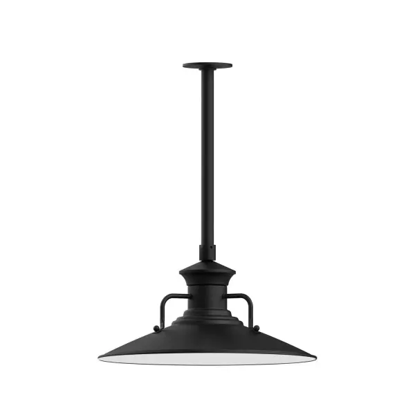 Stem hung pendants are UL wet rated for outdoor use. Choose from multiple vertical stem lengths to suit your application. Outdoor hanging pendant lights work well on a porch, in a garage or workshop. A secure mount for commercial as well as residential exterior locations. The Homestead shade with its cap and handles, has farmhouse flair, at home over a kitchen table or a wide front porch. Collection: Homestead Finish: Black Glass: 18 inch Homestead Notes: Option (1) A19 LED and 3-Integrated 8W, 10W, 15W Width: 18.13" Height: 20.75" Length: 18.13" Weight: 8.00 lb Canopy: 4.125" diameter Number of Bulbs: 1 Maximum Wattage: 100.00 W Bulb Type: A19 Bulb Base: E26 Medium Light Source: Incandescent or LED equivalent Dimmable Voltage: 120.00 V Country of Origin: US Safety Listing: UL/cUL Safety Rating: Wet Dark Sky LED Manufacturer Warranty: 1-year limited warranty on the fixture.
