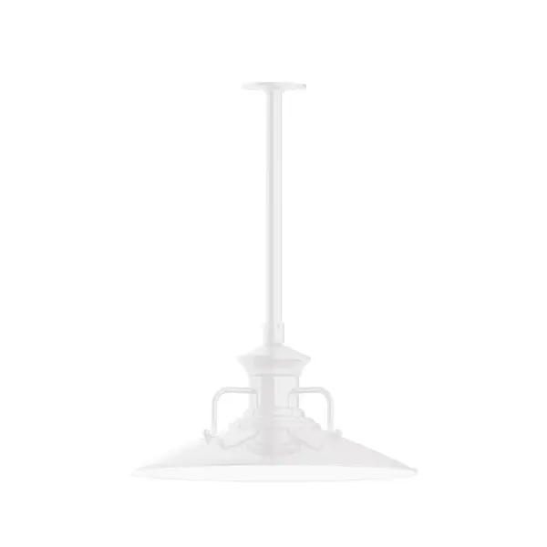 Stem hung pendants are UL wet rated for outdoor use. Choose from multiple vertical stem lengths to suit your application. Outdoor hanging pendant lights work well on a porch, in a garage or workshop. A secure mount for commercial as well as residential exterior locations. The Homestead shade with its cap and handles, has farmhouse flair, at home over a kitchen table or a wide front porch. Collection: Homestead Finish: White Glass: 18 inch Homestead Notes: Option (1) A19 LED and 3-Integrated 8W, 10W, 15W Width: 18.13" Height: 20.75" Length: 18.13" Weight: 8.00 lb Canopy: 4.125" diameter Number of Bulbs: 1 Maximum Wattage: 100.00 W Bulb Type: A19 Bulb Base: E26 Medium Light Source: Incandescent or LED equivalent Dimmable Voltage: 120.00 V Country of Origin: US Safety Listing: UL/cUL Safety Rating: Wet Dark Sky LED Manufacturer Warranty: 1-year limited warranty on the fixture.
