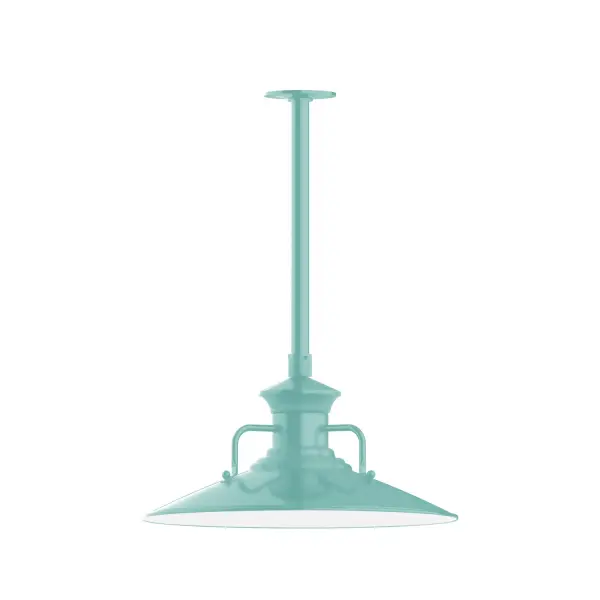 Stem hung pendants are UL wet rated for outdoor use. Choose from multiple vertical stem lengths to suit your application. Outdoor hanging pendant lights work well on a porch, in a garage or workshop. A secure mount for commercial as well as residential exterior locations. The Homestead shade with its cap and handles, has farmhouse flair, at home over a kitchen table or a wide front porch. Collection: Homestead Finish: Sea Green Glass: 18 inch Homestead Notes: Option (1) A19 LED and 3-Integrated 8W, 10W, 15W Width: 18.13" Height: 20.75" Length: 18.13" Weight: 8.00 lb Canopy: 4.125" diameter Number of Bulbs: 1 Maximum Wattage: 100.00 W Bulb Type: A19 Bulb Base: E26 Medium Light Source: Incandescent or LED equivalent Dimmable Voltage: 120.00 V Country of Origin: US Safety Listing: UL/cUL Safety Rating: Wet Dark Sky LED Manufacturer Warranty: 1-year limited warranty on the fixture.