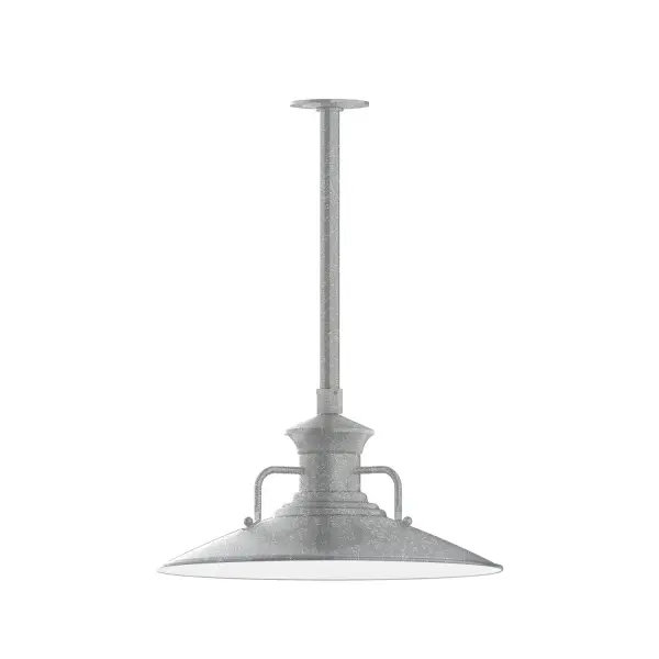 Stem hung pendants are UL wet rated for outdoor use. Choose from multiple vertical stem lengths to suit your application. Outdoor hanging pendant lights work well on a porch, in a garage or workshop. A secure mount for commercial as well as residential exterior locations. The Homestead shade with its cap and handles, has farmhouse flair, at home over a kitchen table or a wide front porch. Collection: Homestead Finish: Painted Galvanized Glass: 18 inch Homestead Notes: Option (1) A19 LED and 3-Integrated 8W, 10W, 15W Width: 18.13" Height: 20.75" Length: 18.13" Weight: 8.00 lb Canopy: 4.125" diameter Number of Bulbs: 1 Maximum Wattage: 100.00 W Bulb Type: A19 Bulb Base: E26 Medium Light Source: Incandescent or LED equivalent Dimmable Voltage: 120.00 V Country of Origin: US Safety Listing: UL/cUL Safety Rating: Wet Dark Sky LED Manufacturer Warranty: 1-year limited warranty on the fixture.