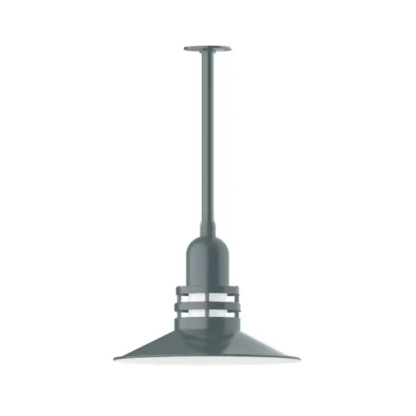 Stem hung pendants are UL wet rated for outdoor use. Choose from multiple vertical stem lengths to suit your application. Outdoor hanging pendant lights work well on a porch, in a garage or workshop. A secure mount for commercial as well as residential exterior locations. The Atomic has a great retro feel and will lighten up any space. A clear glass jar to protect bulb from the elements is a standard feature. Collection: Atomic Finish: Slate Gray Glass: 16 inch Atomic Notes: Option (1) A19 LED and 3-Integrated 8W, 10W, 15W Width: 16.25" Height: 23.00" Length: 16.25" Weight: 8.00 lb Canopy: 4.125" diameter Number of Bulbs: 1 Maximum Wattage: 100.00 W Bulb Type: A19 Bulb Base: E26 Medium Light Source: Incandescent or LED equivalent Dimmable Voltage: 120.00 V Country of Origin: US Safety Listing: UL/cUL Safety Rating: Wet Dark Sky LED Manufacturer Warranty: 1-year limited warranty on the fixture.