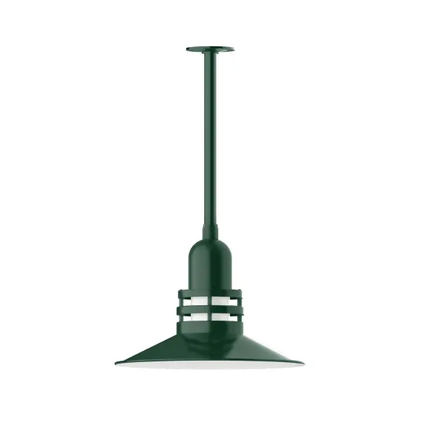 Stem hung pendants are UL wet rated for outdoor use. Choose from multiple vertical stem lengths to suit your application. Outdoor hanging pendant lights work well on a porch, in a garage or workshop. A secure mount for commercial as well as residential exterior locations. The Atomic has a great retro feel and will lighten up any space. A clear glass jar to protect bulb from the elements is a standard feature. Collection: Atomic Finish: Forest Green Glass: 16 inch Atomic Notes: Option (1) A19 LED and 3-Integrated 8W, 10W, 15W Width: 16.25" Height: 23.00" Length: 16.25" Weight: 8.00 lb Canopy: 4.125" diameter Number of Bulbs: 1 Maximum Wattage: 100.00 W Bulb Type: A19 Bulb Base: E26 Medium Light Source: Incandescent or LED equivalent Dimmable Voltage: 120.00 V Country of Origin: US Safety Listing: UL/cUL Safety Rating: Wet Dark Sky LED Manufacturer Warranty: 1-year limited warranty on the fixture.