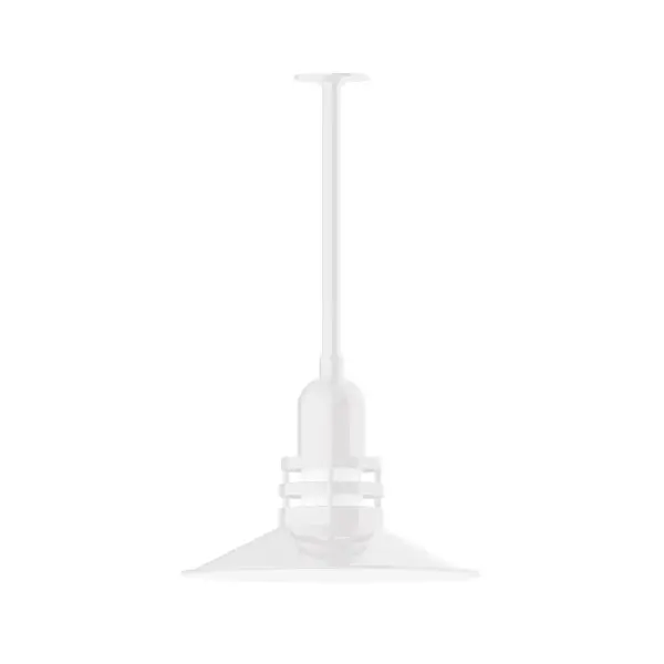 Stem hung pendants are UL wet rated for outdoor use. Choose from multiple vertical stem lengths to suit your application. Outdoor hanging pendant lights work well on a porch, in a garage or workshop. A secure mount for commercial as well as residential exterior locations. The Atomic has a great retro feel and will lighten up any space. A clear glass jar to protect bulb from the elements is a standard feature. Collection: Atomic Finish: White Glass: 16 inch Atomic Notes: Option (1) A19 LED and 3-Integrated 8W, 10W, 15W Width: 16.25" Height: 23.00" Length: 16.25" Weight: 8.00 lb Canopy: 4.125" diameter Number of Bulbs: 1 Maximum Wattage: 100.00 W Bulb Type: A19 Bulb Base: E26 Medium Light Source: Incandescent or LED equivalent Dimmable Voltage: 120.00 V Country of Origin: US Safety Listing: UL/cUL Safety Rating: Wet Dark Sky LED Manufacturer Warranty: 1-year limited warranty on the fixture.