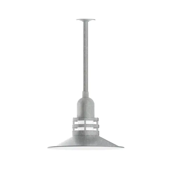 Stem hung pendants are UL wet rated for outdoor use. Choose from multiple vertical stem lengths to suit your application. Outdoor hanging pendant lights work well on a porch, in a garage or workshop. A secure mount for commercial as well as residential exterior locations. The Atomic has a great retro feel and will lighten up any space. A clear glass jar to protect bulb from the elements is a standard feature. Collection: Atomic Finish: Painted Galvanized Glass: 16 inch Atomic Notes: Option (1) A19 LED and 3-Integrated 8W, 10W, 15W Width: 16.25" Height: 23.00" Length: 16.25" Weight: 8.00 lb Canopy: 4.125" diameter Number of Bulbs: 1 Maximum Wattage: 100.00 W Bulb Type: A19 Bulb Base: E26 Medium Light Source: Incandescent or LED equivalent Dimmable Voltage: 120.00 V Country of Origin: US Safety Listing: UL/cUL Safety Rating: Wet Dark Sky LED Manufacturer Warranty: 1-year limited warranty on the fixture.