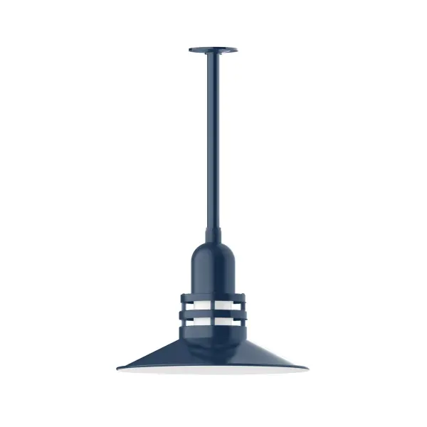 Stem hung pendants are UL wet rated for outdoor use. Choose from multiple vertical stem lengths to suit your application. Outdoor hanging pendant lights work well on a porch, in a garage or workshop. A secure mount for commercial as well as residential exterior locations. The Atomic has a great retro feel and will lighten up any space. A clear glass jar to protect bulb from the elements is a standard feature. Collection: Atomic Finish: Navy Glass: 16 inch Atomic Notes: Option (1) A19 LED and 3-Integrated 8W, 10W, 15W Width: 16.25" Height: 23.00" Length: 16.25" Weight: 8.00 lb Canopy: 4.125" diameter Number of Bulbs: 1 Maximum Wattage: 100.00 W Bulb Type: A19 Bulb Base: E26 Medium Light Source: Incandescent or LED equivalent Dimmable Voltage: 120.00 V Country of Origin: US Safety Listing: UL/cUL Safety Rating: Wet Dark Sky LED Manufacturer Warranty: 1-year limited warranty on the fixture.