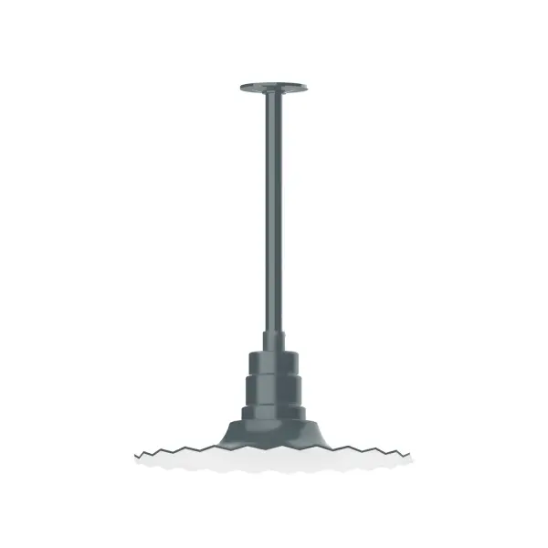 Stem hung pendants are UL wet rated for outdoor use. Choose from multiple vertical stem lengths to suit your application. Outdoor hanging pendant lights work well on a porch, in a garage or workshop. A secure mount for commercial as well as residential exterior locations. The Radial Shade is fluted to allow water to flow off its surface, suitable for seaside and non-seaside locales. Collection: Radial Finish: Slate Gray Glass: 16 inch Radial Notes: Option (1) A19 LED and 3-Integrated 8W, 10W, 15W Width: 16.00" Height: 36.75" Length: 16.00" Weight: 8.00 lb Canopy: 4.125" diameter Number of Bulbs: 1 Maximum Wattage: 100.00 W Bulb Type: A19 Bulb Base: E26 Medium Light Source: Incandescent or LED equivalent Dimmable Voltage: 120.00 V Country of Origin: US Safety Listing: UL/cUL Safety Rating: Wet Dark Sky LED Manufacturer Warranty: 1-year limited warranty on the fixture.