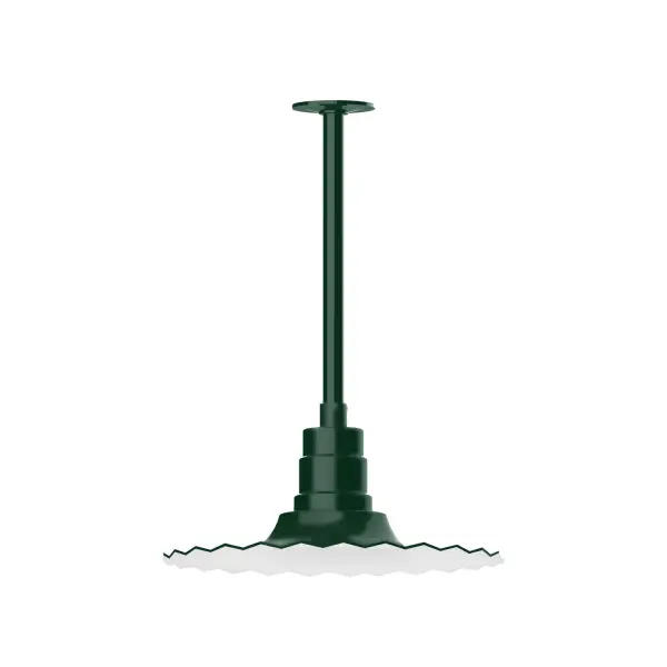Stem hung pendants are UL wet rated for outdoor use. Choose from multiple vertical stem lengths to suit your application. Outdoor hanging pendant lights work well on a porch, in a garage or workshop. A secure mount for commercial as well as residential exterior locations. The Radial Shade is fluted to allow water to flow off its surface, suitable for seaside and non-seaside locales. Collection: Radial Finish: Forest Green Glass: 16 inch Radial Notes: Option (1) A19 LED and 3-Integrated 8W, 10W, 15W Width: 16.00" Height: 36.75" Length: 16.00" Weight: 8.00 lb Canopy: 4.125" diameter Number of Bulbs: 1 Maximum Wattage: 100.00 W Bulb Type: A19 Bulb Base: E26 Medium Light Source: Incandescent or LED equivalent Dimmable Voltage: 120.00 V Country of Origin: US Safety Listing: UL/cUL Safety Rating: Wet Dark Sky LED Manufacturer Warranty: 1-year limited warranty on the fixture.