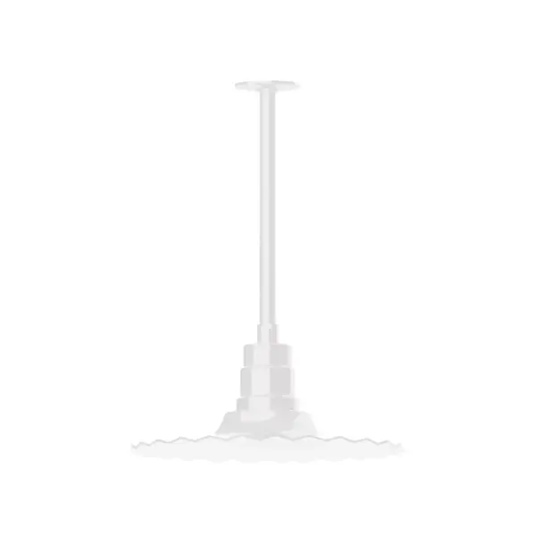 Stem hung pendants are UL wet rated for outdoor use. Choose from multiple vertical stem lengths to suit your application. Outdoor hanging pendant lights work well on a porch, in a garage or workshop. A secure mount for commercial as well as residential exterior locations. The Radial Shade is fluted to allow water to flow off its surface, suitable for seaside and non-seaside locales. Collection: Radial Finish: White Glass: 16 inch Radial Notes: Option (1) A19 LED and 3-Integrated 8W, 10W, 15W Width: 16.00" Height: 30.75" Length: 16.00" Weight: 8.00 lb Canopy: 4.125" diameter Number of Bulbs: 1 Maximum Wattage: 100.00 W Bulb Type: A19 Bulb Base: E26 Medium Light Source: Incandescent or LED equivalent Dimmable Voltage: 120.00 V Country of Origin: US Safety Listing: UL/cUL Safety Rating: Wet Dark Sky LED Manufacturer Warranty: 1-year limited warranty on the fixture.