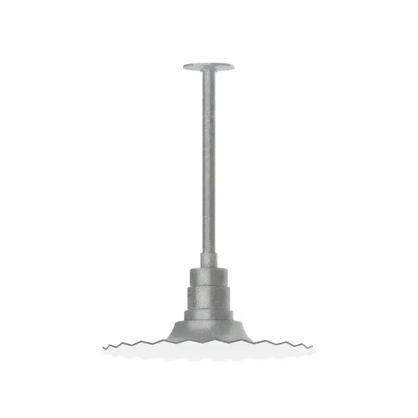 Stem hung pendants are UL wet rated for outdoor use. Choose from multiple vertical stem lengths to suit your application. Outdoor hanging pendant lights work well on a porch, in a garage or workshop. A secure mount for commercial as well as residential exterior locations. The Radial Shade is fluted to allow water to flow off its surface, suitable for seaside and non-seaside locales. Collection: Radial Finish: Painted Galvanized Glass: 16 inch Radial Notes: Option (1) A19 LED and 3-Integrated 8W, 10W, 15W Width: 16.00" Height: 36.75" Length: 16.00" Weight: 8.00 lb Canopy: 4.125" diameter Number of Bulbs: 1 Maximum Wattage: 100.00 W Bulb Type: A19 Bulb Base: E26 Medium Light Source: Incandescent or LED equivalent Dimmable Voltage: 120.00 V Country of Origin: US Safety Listing: UL/cUL Safety Rating: Wet Dark Sky LED Manufacturer Warranty: 1-year limited warranty on the fixture.