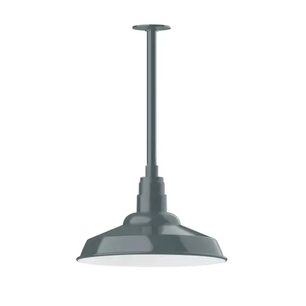 Stem hung pendants are UL wet rated for outdoor use. Choose from multiple vertical stem lengths to suit your application. Outdoor hanging pendant lights work well on a porch, in a garage or workshop. A secure mount for commercial as well as residential exterior locations. The Warehouse shade is our most popular shade style, and we offer in a large variety of sizes. Collection: Warehouse Finish: Slate Gray Glass: 16 inch Warehouse Notes: Option (1) A19 LED and Integrated LED Width: 16.00" Height: 20.75" Length: 16.00" Weight: 8.00 lb Canopy: 4.125" diameter Number of Bulbs: 1 Maximum Wattage: 100.00 W Bulb Type: A19 Bulb Base: E26 Medium Light Source: Incandescent or LED equivalent Dimmable Voltage: 120.00 V Country of Origin: US Safety Listing: UL/cUL Safety Rating: Wet Dark Sky LED Manufacturer Warranty: 1-year limited warranty on the fixture.