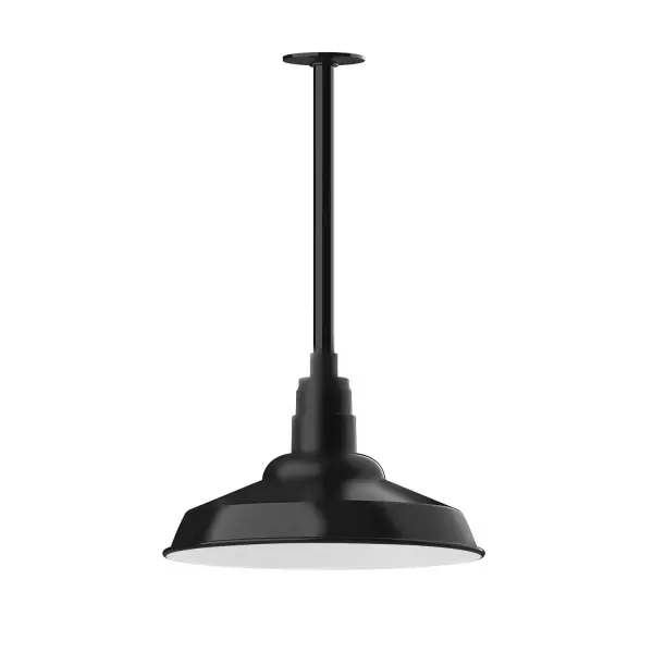 Stem hung pendants are UL wet rated for outdoor use. Choose from multiple vertical stem lengths to suit your application. Outdoor hanging pendant lights work well on a porch, in a garage or workshop. A secure mount for commercial as well as residential exterior locations. The Warehouse shade is our most popular shade style, and we offer in a large variety of sizes. Collection: Warehouse Finish: Black Glass: 16 inch Warehouse Notes: Option (1) A19 LED and Integrated LED Width: 16.00" Height: 32.75" Length: 16.00" Weight: 8.00 lb Canopy: 4.125" diameter Number of Bulbs: 1 Maximum Wattage: 100.00 W Bulb Type: A19 Bulb Base: E26 Medium Light Source: Incandescent or LED equivalent Dimmable Voltage: 120.00 V Country of Origin: US Safety Listing: UL/cUL Safety Rating: Wet Dark Sky LED Manufacturer Warranty: 1-year limited warranty on the fixture.