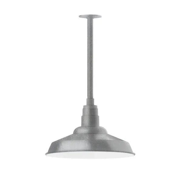 Stem hung pendants are UL wet rated for outdoor use. Choose from multiple vertical stem lengths to suit your application. Outdoor hanging pendant lights work well on a porch, in a garage or workshop. A secure mount for commercial as well as residential exterior locations. The Warehouse shade is our most popular shade style, and we offer in a large variety of sizes. Collection: Warehouse Finish: Painted Galvanized Glass: 16 inch Warehouse Notes: Option (1) A19 LED and Integrated LED Width: 16.00" Height: 32.75" Length: 16.00" Weight: 8.00 lb Canopy: 4.125" diameter Number of Bulbs: 1 Maximum Wattage: 100.00 W Bulb Type: A19 Bulb Base: E26 Medium Light Source: Incandescent or LED equivalent Dimmable Voltage: 120.00 V Country of Origin: US Safety Listing: UL/cUL Safety Rating: Wet Dark Sky LED Manufacturer Warranty: 1-year limited warranty on the fixture.