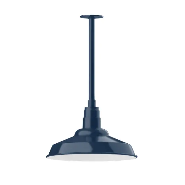 Stem hung pendants are UL wet rated for outdoor use. Choose from multiple vertical stem lengths to suit your application. Outdoor hanging pendant lights work well on a porch, in a garage or workshop. A secure mount for commercial as well as residential exterior locations. The Warehouse shade is our most popular shade style, and we offer in a large variety of sizes. Collection: Warehouse Finish: Navy Glass: 16 inch Warehouse Notes: Option (1) A19 LED and Integrated LED Width: 16.00" Height: 32.75" Length: 16.00" Weight: 8.00 lb Canopy: 4.125" diameter Number of Bulbs: 1 Maximum Wattage: 100.00 W Bulb Type: A19 Bulb Base: E26 Medium Light Source: Incandescent or LED equivalent Dimmable Voltage: 120.00 V Country of Origin: US Safety Listing: UL/cUL Safety Rating: Wet Dark Sky LED Manufacturer Warranty: 1-year limited warranty on the fixture.