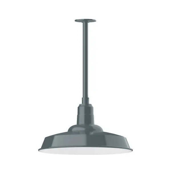 Stem hung pendants are UL wet rated for outdoor use. Choose from multiple vertical stem lengths to suit your application. Outdoor hanging pendant lights work well on a porch, in a garage or workshop. A secure mount for commercial as well as residential exterior locations. The Warehouse shade is our most popular shade style, and we offer in a large variety of sizes. Collection: Warehouse Finish: Slate Gray Glass: 18 inch Warehouse Notes: Option (1) A19 LED and Integrated LED Width: 18.00" Height: 21.00" Length: 18.00" Weight: 10.00 lb Canopy: 4.125" diameter Number of Bulbs: 1 Maximum Wattage: 100.00 W Bulb Type: A19 Bulb Base: E26 Medium Light Source: Incandescent or LED equivalent Dimmable Voltage: 120.00 V Country of Origin: US Safety Listing: UL/cUL Safety Rating: Wet Dark Sky LED Manufacturer Warranty: 1-year limited warranty on the fixture.