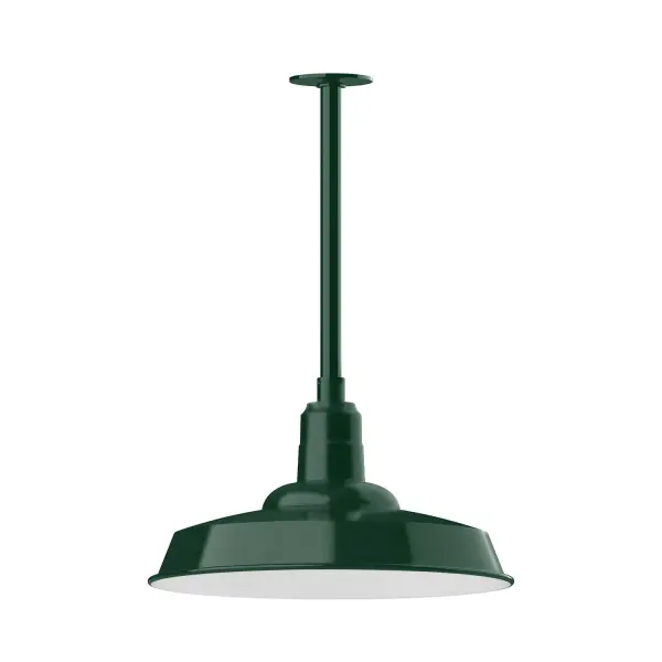 Stem hung pendants are UL wet rated for outdoor use. Choose from multiple vertical stem lengths to suit your application. Outdoor hanging pendant lights work well on a porch, in a garage or workshop. A secure mount for commercial as well as residential exterior locations. The Warehouse shade is our most popular shade style, and we offer in a large variety of sizes. Collection: Warehouse Finish: Forest Green Glass: 18 inch Warehouse Notes: Option (1) A19 LED and Integrated LED Width: 18.00" Height: 45.00" Length: 18.00" Weight: 10.00 lb Canopy: 4.125" diameter Number of Bulbs: 1 Maximum Wattage: 100.00 W Bulb Type: A19 Bulb Base: E26 Medium Light Source: Incandescent or LED equivalent Dimmable Voltage: 120.00 V Country of Origin: US Safety Listing: UL/cUL Safety Rating: Wet Dark Sky LED Manufacturer Warranty: 1-year limited warranty on the fixture.