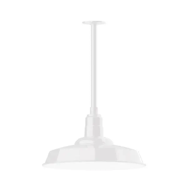 Stem hung pendants are UL wet rated for outdoor use. Choose from multiple vertical stem lengths to suit your application. Outdoor hanging pendant lights work well on a porch, in a garage or workshop. A secure mount for commercial as well as residential exterior locations. The Warehouse shade is our most popular shade style, and we offer in a large variety of sizes. Collection: Warehouse Finish: White Glass: 18 inch Warehouse Notes: Option (1) A19 LED and Integrated LED Width: 18.00" Height: 33.00" Length: 18.00" Weight: 10.00 lb Canopy: 4.125" diameter Number of Bulbs: 1 Maximum Wattage: 100.00 W Bulb Type: A19 Bulb Base: E26 Medium Light Source: Incandescent or LED equivalent Dimmable Voltage: 120.00 V Country of Origin: US Safety Listing: UL/cUL Safety Rating: Wet Dark Sky LED Manufacturer Warranty: 1-year limited warranty on the fixture.