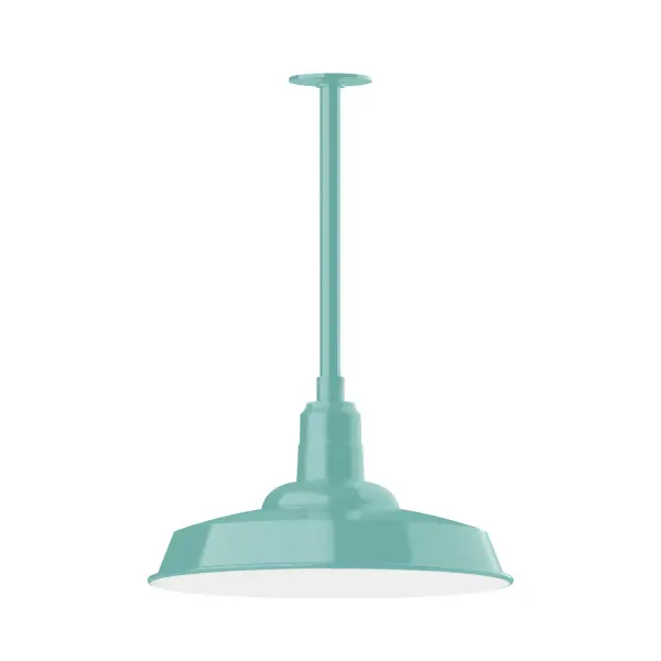 Stem hung pendants are UL wet rated for outdoor use. Choose from multiple vertical stem lengths to suit your application. Outdoor hanging pendant lights work well on a porch, in a garage or workshop. A secure mount for commercial as well as residential exterior locations. The Warehouse shade is our most popular shade style, and we offer in a large variety of sizes. Collection: Warehouse Finish: Sea Green Glass: 18 inch Warehouse Notes: Option (1) A19 LED and Integrated LED Width: 18.00" Height: 45.00" Length: 18.00" Weight: 10.00 lb Canopy: 4.125" diameter Number of Bulbs: 1 Maximum Wattage: 100.00 W Bulb Type: A19 Bulb Base: E26 Medium Light Source: Incandescent or LED equivalent Dimmable Voltage: 120.00 V Country of Origin: US Safety Listing: UL/cUL Safety Rating: Wet Dark Sky LED Manufacturer Warranty: 1-year limited warranty on the fixture.