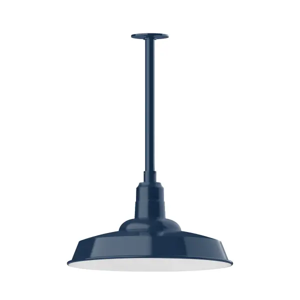 Stem hung pendants are UL wet rated for outdoor use. Choose from multiple vertical stem lengths to suit your application. Outdoor hanging pendant lights work well on a porch, in a garage or workshop. A secure mount for commercial as well as residential exterior locations. The Warehouse shade is our most popular shade style, and we offer in a large variety of sizes. Collection: Warehouse Finish: Navy Glass: 18 inch Warehouse Notes: Option (1) A19 LED and Integrated LED Width: 18.00" Height: 39.00" Length: 18.00" Weight: 10.00 lb Canopy: 4.125" diameter Number of Bulbs: 1 Maximum Wattage: 100.00 W Bulb Type: A19 Bulb Base: E26 Medium Light Source: Incandescent or LED equivalent Dimmable Voltage: 120.00 V Country of Origin: US Safety Listing: UL/cUL Safety Rating: Wet Dark Sky LED Manufacturer Warranty: 1-year limited warranty on the fixture.