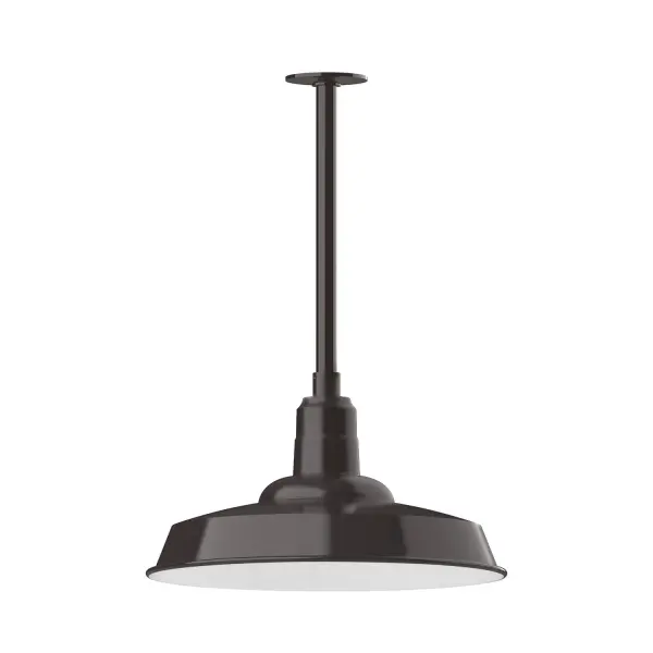 Stem hung pendants are UL wet rated for outdoor use. Choose from multiple vertical stem lengths to suit your application. Outdoor hanging pendant lights work well on a porch, in a garage or workshop. A secure mount for commercial as well as residential exterior locations. The Warehouse shade is our most popular shade style, and we offer in a large variety of sizes. Collection: Warehouse Finish: Architectural Bronze Glass: 18 inch Warehouse Notes: Option (1) A19 LED and Integrated LED Width: 18.00" Height: 39.00" Length: 18.00" Weight: 10.00 lb Canopy: 4.125" diameter Number of Bulbs: 1 Maximum Wattage: 100.00 W Bulb Type: A19 Bulb Base: E26 Medium Light Source: Incandescent or LED equivalent Dimmable Voltage: 120.00 V Country of Origin: US Safety Listing: UL/cUL Safety Rating: Wet Dark Sky LED Manufacturer Warranty: 1-year limited warranty on the fixture.