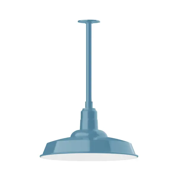 Stem hung pendants are UL wet rated for outdoor use. Choose from multiple vertical stem lengths to suit your application. Outdoor hanging pendant lights work well on a porch, in a garage or workshop. A secure mount for commercial as well as residential exterior locations. The Warehouse shade is our most popular shade style, and we offer in a large variety of sizes. Collection: Warehouse Finish: Light Blue Glass: 18 inch Warehouse Notes: Option (1) A19 LED and Integrated LED Width: 18.00" Height: 45.00" Length: 18.00" Weight: 10.00 lb Canopy: 4.125" diameter Number of Bulbs: 1 Maximum Wattage: 100.00 W Bulb Type: A19 Bulb Base: E26 Medium Light Source: Incandescent or LED equivalent Dimmable Voltage: 120.00 V Country of Origin: US Safety Listing: UL/cUL Safety Rating: Wet Dark Sky LED Manufacturer Warranty: 1-year limited warranty on the fixture.