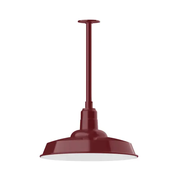 Stem hung pendants are UL wet rated for outdoor use. Choose from multiple vertical stem lengths to suit your application. Outdoor hanging pendant lights work well on a porch, in a garage or workshop. A secure mount for commercial as well as residential exterior locations. The Warehouse shade is our most popular shade style, and we offer in a large variety of sizes. Collection: Warehouse Finish: Barn Red Glass: 18 inch Warehouse Notes: Option (1) A19 LED and Integrated LED Width: 18.00" Height: 33.00" Length: 18.00" Weight: 10.00 lb Canopy: 4.125" diameter Number of Bulbs: 1 Maximum Wattage: 100.00 W Bulb Type: A19 Bulb Base: E26 Medium Light Source: Incandescent or LED equivalent Dimmable Voltage: 120.00 V Country of Origin: US Safety Listing: UL/cUL Safety Rating: Wet Dark Sky LED Manufacturer Warranty: 1-year limited warranty on the fixture.