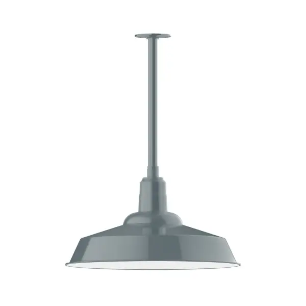 Stem hung pendants are UL wet rated for outdoor use. Choose from multiple vertical stem lengths to suit your application. Outdoor hanging pendant lights work well on a porch, in a garage or workshop. A secure mount for commercial as well as residential exterior locations. The Warehouse shade is our most popular shade style, and we offer in a large variety of sizes. Collection: Warehouse Finish: Slate Gray Glass: 20 inch Warehouse Notes: Option (1) A19 LED and Integrated LED Width: 20.00" Height: 22.25" Length: 20.00" Weight: 10.00 lb Canopy: 4.125" diameter Number of Bulbs: 1 Maximum Wattage: 100.00 W Bulb Type: A19 Bulb Base: E26 Medium Light Source: Incandescent or LED equivalent Dimmable Voltage: 120.00 V Country of Origin: US Safety Listing: UL/cUL Safety Rating: Wet Dark Sky LED Manufacturer Warranty: 1-year limited warranty on the fixture.