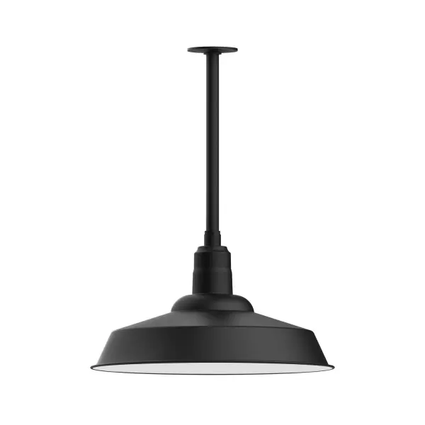 Stem hung pendants are UL wet rated for outdoor use. Choose from multiple vertical stem lengths to suit your application. Outdoor hanging pendant lights work well on a porch, in a garage or workshop. A secure mount for commercial as well as residential exterior locations. The Warehouse shade is our most popular shade style, and we offer in a large variety of sizes. Collection: Warehouse Finish: Black Glass: 20 inch Warehouse Notes: Option (1) A19 LED and Integrated LED Width: 20.00" Height: 22.25" Length: 20.00" Weight: 7.00 lb Canopy: 4.125" diameter Number of Bulbs: 1 Maximum Wattage: 100.00 W Bulb Type: A19 Bulb Base: E26 Medium Light Source: Incandescent or LED equivalent Dimmable Voltage: 120.00 V Country of Origin: US Safety Listing: UL/cUL Safety Rating: Wet Dark Sky LED Manufacturer Warranty: 1-year limited warranty on the fixture.