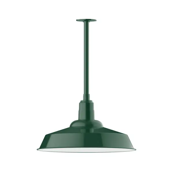 Stem hung pendants are UL wet rated for outdoor use. Choose from multiple vertical stem lengths to suit your application. Outdoor hanging pendant lights work well on a porch, in a garage or workshop. A secure mount for commercial as well as residential exterior locations. The Warehouse shade is our most popular shade style, and we offer in a large variety of sizes. Collection: Warehouse Finish: Forest Green Glass: 20 inch Warehouse Notes: Option (1) A19 LED and Integrated LED Width: 20.00" Height: 22.25" Length: 20.00" Weight: 8.00 lb Canopy: 4.125" diameter Number of Bulbs: 1 Maximum Wattage: 100.00 W Bulb Type: A19 Bulb Base: E26 Medium Light Source: Incandescent or LED equivalent Dimmable Voltage: 120.00 V Country of Origin: US Safety Listing: UL/cUL Safety Rating: Wet Dark Sky LED Manufacturer Warranty: 1-year limited warranty on the fixture.