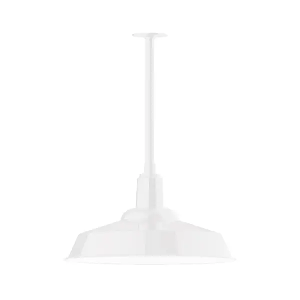 Stem hung pendants are UL wet rated for outdoor use. Choose from multiple vertical stem lengths to suit your application. Outdoor hanging pendant lights work well on a porch, in a garage or workshop. A secure mount for commercial as well as residential exterior locations. The Warehouse shade is our most popular shade style, and we offer in a large variety of sizes. Collection: Warehouse Finish: White Glass: 20 inch Warehouse Notes: Option (1) A19 LED and Integrated LED Width: 20.00" Height: 22.25" Length: 20.00" Weight: 10.00 lb Canopy: 4.125" diameter Number of Bulbs: 1 Maximum Wattage: 100.00 W Bulb Type: A19 Bulb Base: E26 Medium Light Source: Incandescent or LED equivalent Dimmable Voltage: 120.00 V Country of Origin: US Safety Listing: UL/cUL Safety Rating: Wet Dark Sky LED Manufacturer Warranty: 1-year limited warranty on the fixture.
