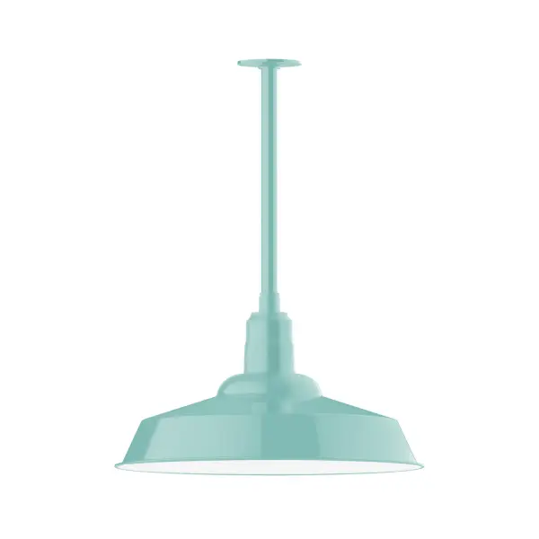 Stem hung pendants are UL wet rated for outdoor use. Choose from multiple vertical stem lengths to suit your application. Outdoor hanging pendant lights work well on a porch, in a garage or workshop. A secure mount for commercial as well as residential exterior locations. The Warehouse shade is our most popular shade style, and we offer in a large variety of sizes. Collection: Warehouse Finish: Sea Green Glass: 20 inch Warehouse Notes: Option (1) A19 LED and Integrated LED Width: 20.00" Height: 22.25" Length: 20.00" Weight: 10.00 lb Canopy: 4.125" diameter Number of Bulbs: 1 Maximum Wattage: 100.00 W Bulb Type: A19 Bulb Base: E26 Medium Light Source: Incandescent or LED equivalent Dimmable Voltage: 120.00 V Country of Origin: US Safety Listing: UL/cUL Safety Rating: Wet Dark Sky LED Manufacturer Warranty: 1-year limited warranty on the fixture.