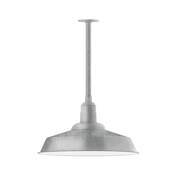 Stem hung pendants are UL wet rated for outdoor use. Choose from multiple vertical stem lengths to suit your application. Outdoor hanging pendant lights work well on a porch, in a garage or workshop. A secure mount for commercial as well as residential exterior locations. The Warehouse shade is our most popular shade style, and we offer in a large variety of sizes. Collection: Warehouse Finish: Painted Galvanized Glass: 20 inch Warehouse Notes: Option (1) A19 LED and Integrated LED Width: 20.00" Height: 22.25" Length: 20.00" Weight: 7.00 lb Canopy: 4.125" diameter Number of Bulbs: 1 Maximum Wattage: 100.00 W Bulb Type: A19 Bulb Base: E26 Medium Light Source: Incandescent or LED equivalent Dimmable Voltage: 120.00 V Country of Origin: US Safety Listing: UL/cUL Safety Rating: Wet Dark Sky LED Manufacturer Warranty: 1-year limited warranty on the fixture.