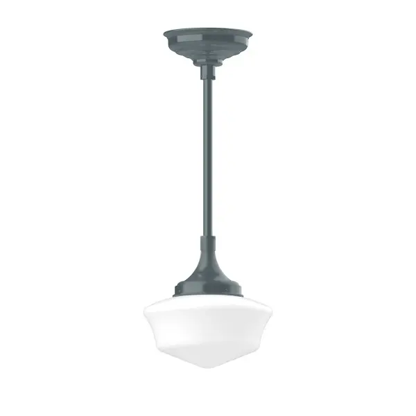 Choose from multiple vertical stem lengths to suit your application. Stem hung pendant lights work well on a porch, in a garage or workshop. A secure mount for commercial as well as residential exterior locations. Our 12-inch glass Schoolhouse shade is made in the USA and will add a vintage flair to your space. Collection: Schoolhouse Finish: Slate Gray Glass: 12 inch Schoolhouse Notes: Option (2) A19 LED and 1-Integrated 8W Width: 12.00" Height: 18.00" Length: 12.00" Weight: 10.00 lb Canopy: 8.375" diameter Number of Bulbs: 1 Maximum Wattage: 100.00 W Bulb Type: A19 Bulb Base: E26 Medium Light Source: Incandescent or LED equivalent Dimmable Voltage: 120.00 V Country of Origin: US Safety Listing: UL/cUL Safety Rating: Dry LED Manufacturer Warranty: 1-year limited warranty on the fixture.