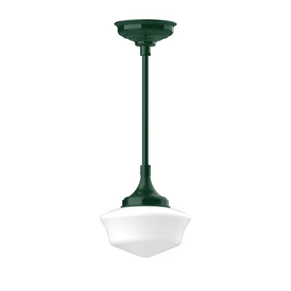 Choose from multiple vertical stem lengths to suit your application. Stem hung pendant lights work well on a porch, in a garage or workshop. A secure mount for commercial as well as residential exterior locations. Our 12-inch glass Schoolhouse shade is made in the USA and will add a vintage flair to your space. Collection: Schoolhouse Finish: Forest Green Glass: 12 inch Schoolhouse Notes: Option (2) A19 LED and 1-Integrated 8W Width: 12.00" Height: 42.00" Length: 12.00" Weight: 10.00 lb Canopy: 8.375" diameter Number of Bulbs: 1 Maximum Wattage: 100.00 W Bulb Type: A19 Bulb Base: E26 Medium Light Source: Incandescent or LED equivalent Dimmable Voltage: 120.00 V Country of Origin: US Safety Listing: UL/cUL Safety Rating: Dry LED Manufacturer Warranty: 1-year limited warranty on the fixture.