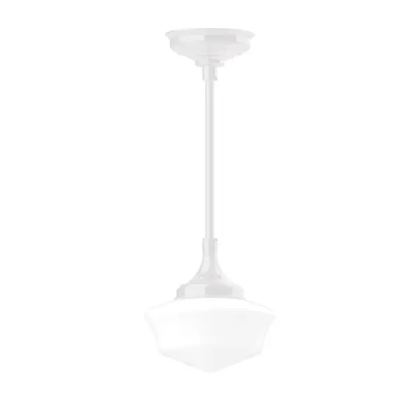 Choose from multiple vertical stem lengths to suit your application. Stem hung pendant lights work well on a porch, in a garage or workshop. A secure mount for commercial as well as residential exterior locations. Our 12-inch glass Schoolhouse shade is made in the USA and will add a vintage flair to your space. Collection: Schoolhouse Finish: White Glass: 12 inch Schoolhouse Notes: Option (2) A19 LED and 1-Integrated 8W Width: 12.00" Height: 30.00" Length: 12.00" Weight: 10.00 lb Canopy: 8.375" diameter Number of Bulbs: 1 Maximum Wattage: 100.00 W Bulb Type: A19 Bulb Base: E26 Medium Light Source: Incandescent or LED equivalent Dimmable Voltage: 120.00 V Country of Origin: US Safety Listing: UL/cUL Safety Rating: Dry LED Manufacturer Warranty: 1-year limited warranty on the fixture.