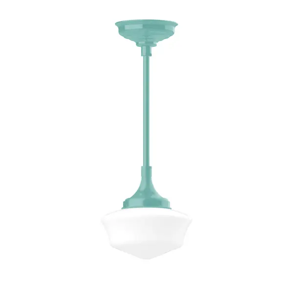 Choose from multiple vertical stem lengths to suit your application. Stem hung pendant lights work well on a porch, in a garage or workshop. A secure mount for commercial as well as residential exterior locations. Our 12-inch glass Schoolhouse shade is made in the USA and will add a vintage flair to your space. Collection: Schoolhouse Finish: Sea Green Glass: 12 inch Schoolhouse Notes: Option (2) A19 LED and 1-Integrated 8W Width: 12.00" Height: 42.00" Length: 12.00" Weight: 10.00 lb Canopy: 8.375" diameter Number of Bulbs: 1 Maximum Wattage: 100.00 W Bulb Type: A19 Bulb Base: E26 Medium Light Source: Incandescent or LED equivalent Dimmable Voltage: 120.00 V Country of Origin: US Safety Listing: UL/cUL Safety Rating: Dry LED Manufacturer Warranty: 1-year limited warranty on the fixture.