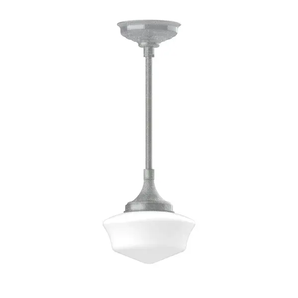 Choose from multiple vertical stem lengths to suit your application. Stem hung pendant lights work well on a porch, in a garage or workshop. A secure mount for commercial as well as residential exterior locations. Our 12-inch glass Schoolhouse shade is made in the USA and will add a vintage flair to your space. Collection: Schoolhouse Finish: Painted Galvanized Glass: 12 inch Schoolhouse Notes: Option (2) A19 LED and 1-Integrated 8W Width: 12.00" Height: 30.00" Length: 12.00" Weight: 10.00 lb Canopy: 8.375" diameter Number of Bulbs: 1 Maximum Wattage: 100.00 W Bulb Type: A19 Bulb Base: E26 Medium Light Source: Incandescent or LED equivalent Dimmable Voltage: 120.00 V Country of Origin: US Safety Listing: UL/cUL Safety Rating: Dry LED Manufacturer Warranty: 1-year limited warranty on the fixture.
