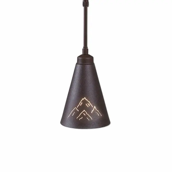 Cabin style Hanging Pendant Lights handmade in USA by Avalanche Ranch Lighting. This light features our exclusive metal wildlife art of a Mountain. This Pendant Light is ideal for anyone looking to add rustic character or unique log home lighting to their home. Dimensions (inches): 7h x 5w and Takes 1 - Type A19 bulb - 60W max. each Collection: Canyon Rustic Brown Finish: Rustic Brown Width: 5.00" Height: 7.00" Number of Bulbs: 1 Maximum Wattage: 60.00 W Bulb Type: E26 Bulb Base: Medium