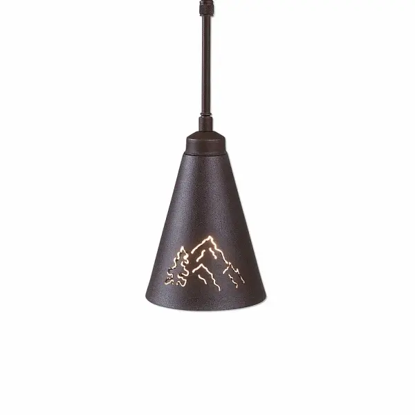 Log Cabin style Hanging Pendant Lights handmade in USA by Avalanche Ranch Lighting. This light features our exclusive metal wildlife art of a Trees. This Pendant Light is ideal for anyone looking to add rustic character or unique log home lighting to their home. Dimensions (inches): 7h x 5w and Takes 1 - Type A19 bulb - 60W max. each Collection: Canyon Rustic Brown Finish: Rustic Brown Width: 5.00" Height: 7.00" Number of Bulbs: 1 Maximum Wattage: 60.00 W Bulb Type: E26 Bulb Base: Medium