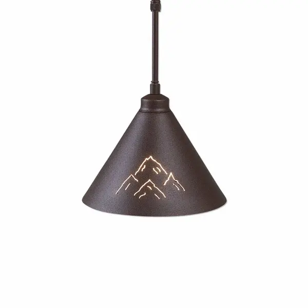 Lodge style Hanging Pendant Lights handmade in USA by Avalanche Ranch Lighting. This light features our exclusive metal wildlife art of a Mountain. This Pendant Light is ideal for anyone looking to add rustic character or unique log home lighting to their home. Dimensions (inches): 8h x 9w and Takes 1 - Type A19 bulb - 60W max. each Collection: Canyon Rustic Brown Finish: Rustic Brown Width: 9.00" Height: 8.00" Number of Bulbs: 1 Maximum Wattage: 60.00 W Bulb Type: A19 Bulb Base: Medium