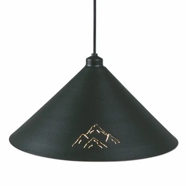 Farmhouse style Hanging Pendant Lights handmade in USA by Avalanche Ranch Lighting. This light features our exclusive metal wildlife art of a Mountain. This Pendant Light is ideal for anyone looking to add rustic character or unique log home lighting to their home. Dimensions (inches): 9h x 17w and Takes 1 - Type A19 bulb - 100W max. each Collection: Canyon Black Iron Finish: Black Iron Width: 17.00" Height: 9.00" Number of Bulbs: 1 Maximum Wattage: 100.00 W Bulb Type: A19 Bulb Base: Medium